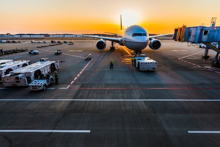 Aircraft on the tarmac at sunset